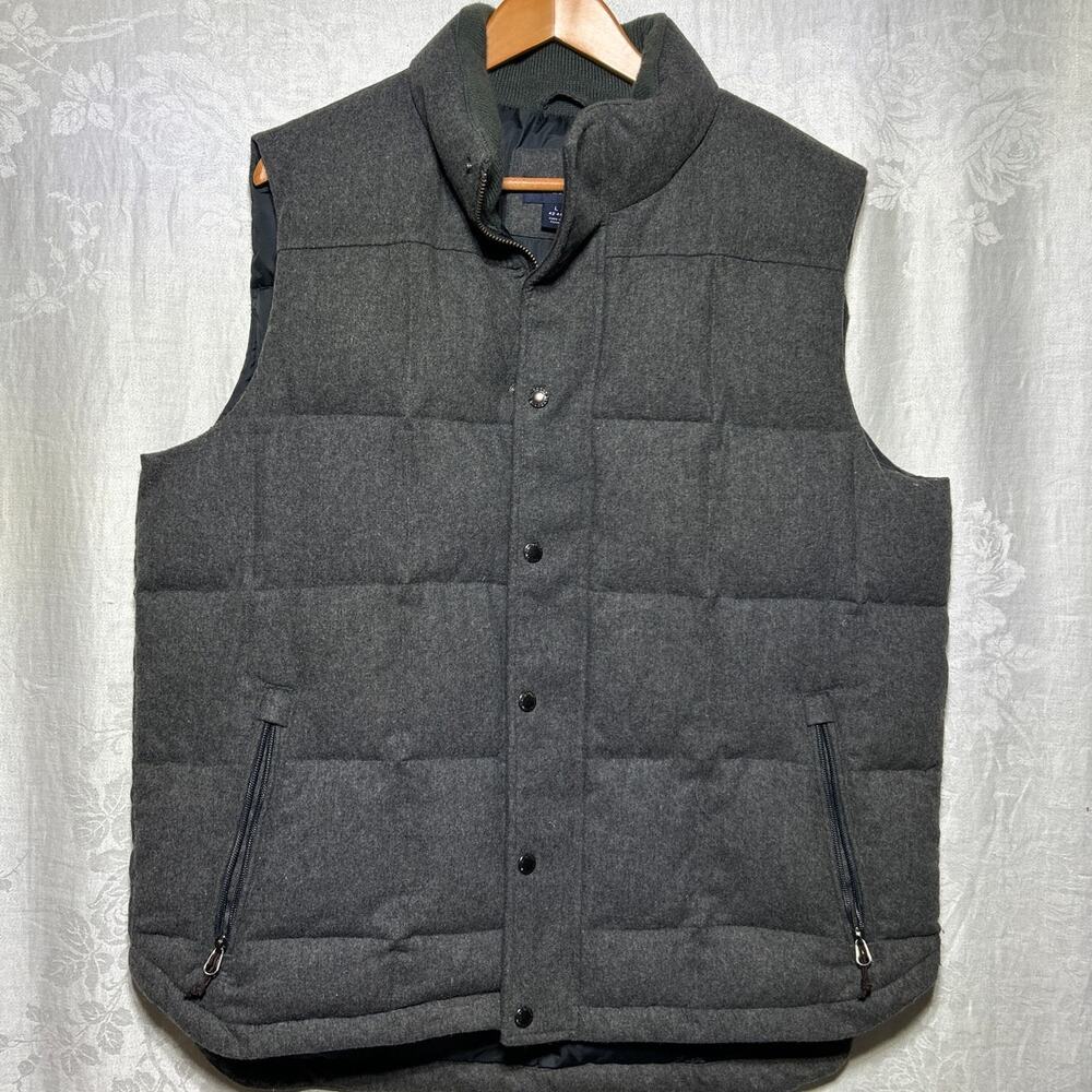 Lands End Puffer Vest Large Gray Wool Blend Down Filled Full Zip Quilted